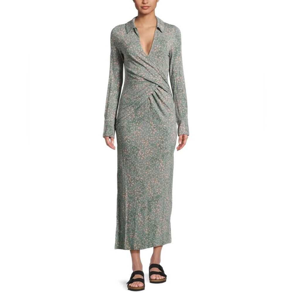 Free People Shayla Floral Long Sleeve Wrap Midi Dress‎ Size S - Mint Combo - NWT